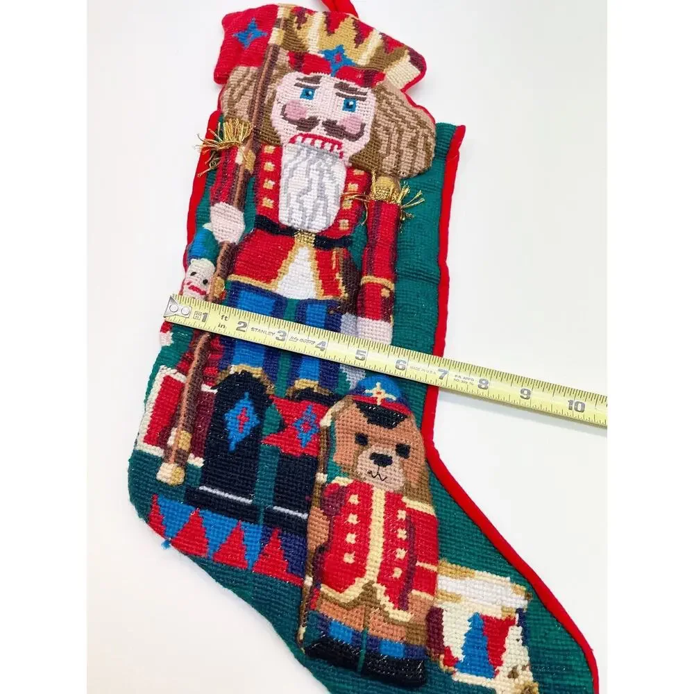 Vintage Needlepoint Wool Christmas Stocking Nutcracker Teddy Bear 3D